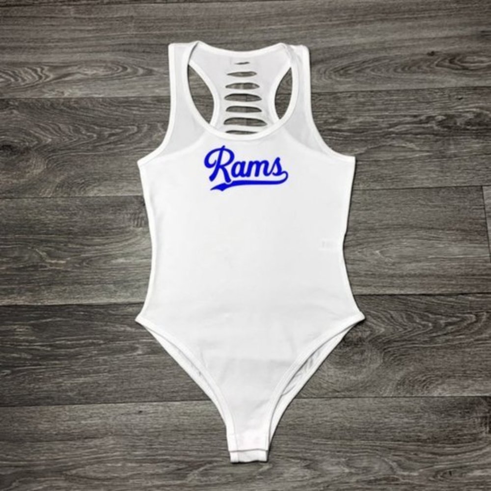 White Los Angeles Rams Bodysuit, LA Rams Adult size bodysuit, Women's La Rams